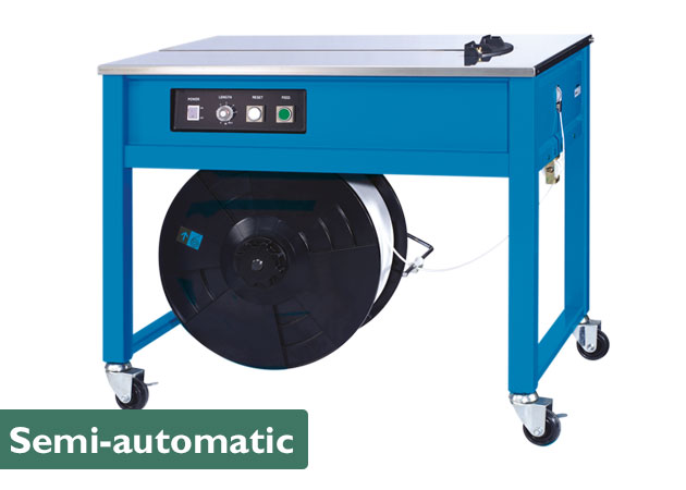 博殼松包裝半自動捆扎機不帶支架。用帶子纏繞產(chǎn)品，半自動捆扎機隨后會沿產(chǎn)品收緊帶子、將其切斷并送出新帶。這類半自動機器適用于您對捆扎能力要求不高的情況。